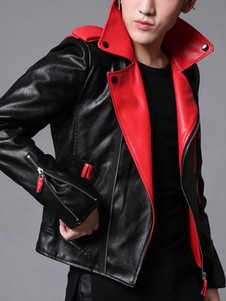 PU cuir veste col Turndown noir manches longues Slim Fit veste