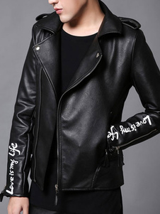 PU noir en cuir veste manches longues col Turndown imprimé Slim Fit veste pour hommes