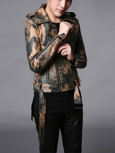 Veste Moto Camo vert col Turndown manches longues Zip hommes vers le haut de veste en cuir d’unité C