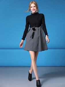 Robe à manches longues noir fleurs au Crochet de la femme ronde Patchwork cou genou longueur robe de