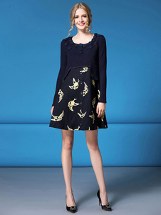 Robe manches longues Crochet fleurs Patchwork genou marine foncé longueur robe imprimé féminin