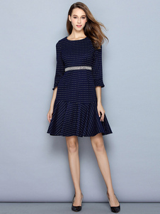 Les pois de la sirène Bodycon Dress femme imprimé manches 3/4 ceinture cloutée autour de cou genou l