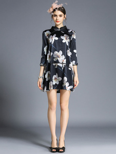 Maj noir robe Stand col 3/4 longueur manches Floral imprimé robe courte pour les femmes