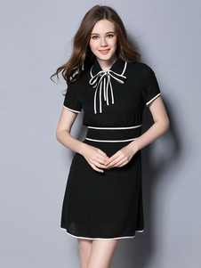 Bow Turndown Collar manches courtes Slim Fit robe robe Vintage noir féminin
