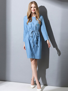 Bleue robe tour de cou à manches longues robe de coton de Drawstring Split