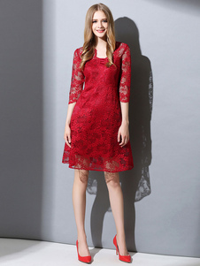 Place d’Illusion rouge parti robe dentelle encolure Half Sleeve Slim Fit robe