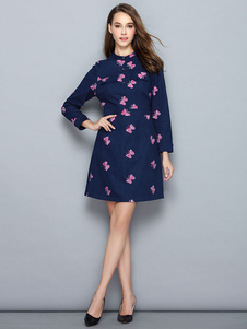Papillon Maj Denim robe manches longues femmes brodé du genou longueur robe courte