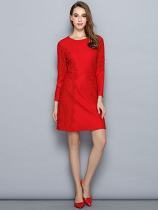 Dentelle décalage vers le rouge robe manches longues femmes brodée col rond robe courte occasionnell