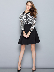 Manches longues A ligne genou longueur robe de Skater chemise noire robe dentelle Patchwork féminin