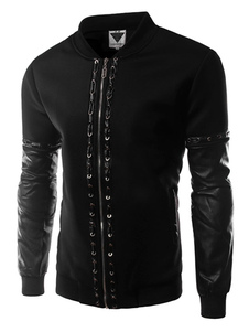 Veste noire PU cuir manches Patchwork chaînes déco Zip hommes Up Jacket