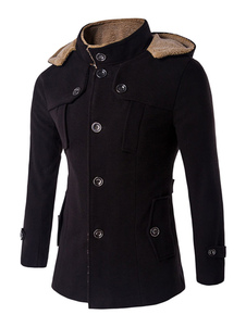 Manteau noir hommes capuche bordée de manteau d’hiver Casual manches longues bouton avant Cuff brace