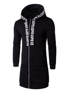 Long noir Zip Hoodie hommes des lettres ruban manches longues à la palangre Hoodie
