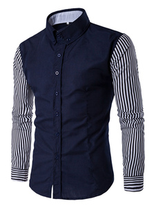 Bleu foncé manches longues chemise hommes rayé col Turndown Slim Fit coton Chemise décontractée