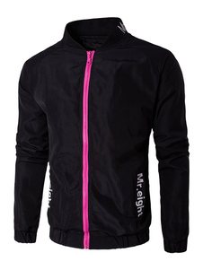 Zip veste marine foncé masculine Long manchon élastique bas lettres imprimé Jacket