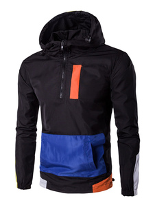 Noir sac zippé couleur bloc Casual Hooded Jacket Windbreaker Jacket hommes