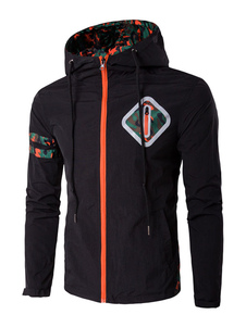 Veste Drawstring Camo Hooded imprimé manches longues noir hommes Zip Up Windbreaker Jacket
