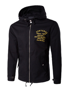 Drawstring de veste masculine noire capuche imprimé manches longues Zip Up Cuff bracelet Windbreaker