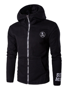 Zip coupe-vent noir veste masculine lettres imprimé manches longues veste à capuchon