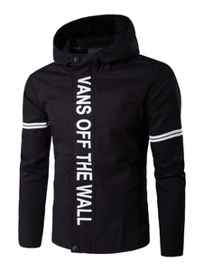 Lettres à capuchon noir Windbreaker Jacket hommes imprimé manches longues Zip Up Jacket