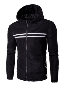 Fermeture éclair coupe-vent noir veste masculine bas élastique rayé Veste Blouson à capuchon