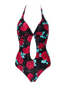 Halter maillot de bain Monokini noir sans manches imprimé Floral Découpez Backless Beach maillots de