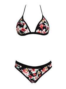 Maillot de bain Bikini Floral noir Set licol sans fil féminin imprimé plage Triangle