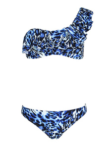 Bleu 2 pièces maillot de bain imprimé une épaule Ruffles garnir de Bikini Bottom