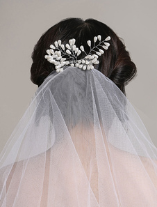 Tulle voile blanc deux niveaux bord coupé mariée voile avec peigne perles de mariage