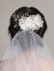 White Wedding Veil Tulle deux Tier coupe bordure strass perles dentelle fleurs détail Bridal Veil