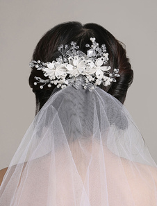 Voile de mariée blanche Tulle deux Tier coupe bord voile de mariée avec perles fleurs détail coiffes