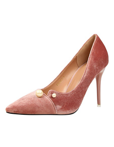 Talons hauts rose velours bout pointu perles perlée Stiletto talon glisser sur les pompes