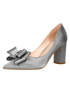 Satin talons Chunky a souligné Toe Bow Slip sur pompes chaussures
