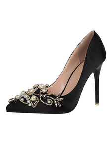 Satin hauts talons a souligné Toe Stiletto noir pompes chaussures strass perle Slip sur chaussures d