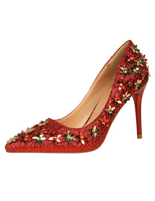 Chaussures de soirée paillettes rouge haut talon pointu Toe fleur métal glisser sur les pompes chaus