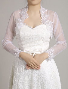 Mariée blanche veste boléro manches longues dentelle festonnée Shrug pure nuptiale