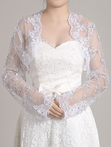 Bolero dentelle blanc perlant veste boléro de mariée avant ouvert manches longues
