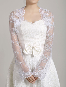 Bolero veste dentelle blanche manches longues perles fleurs Shrug pure nuptiale de mariage
