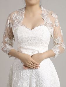 Bolero veste manches longues blanc ouvert avant festonnée nuptiale haussement d’épaules de mariage e