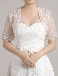 Boléro mariage veste dentelle blanche manches courtes festonné ouvert avant nuptiale Shrug