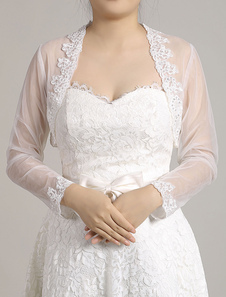 Bolero veste dentelle blanche Applique manches courtes festonné ouvert avant nuptiale Shrug veste de