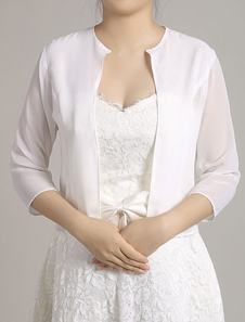 Mariage Party veste boléro en mousseline de soie blanche Shrug Half Sleeve Crewneck ouvert veste de 