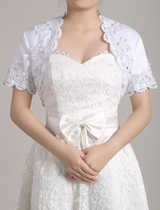 Boléro mariage veste dentelle perles fleurs blanc festonné haussement d’épaules mariée manches court