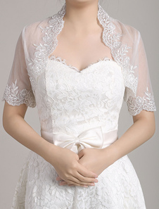 Mariage Bolero veste dentelle blanc à manches moitié ouverte avant festonnée nuptiale Shrug