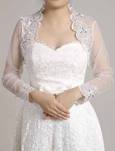 Haussement d’épaules dentelle mariage veste boléro blanc à manches 3/4 festonnée Boléro de mariée av