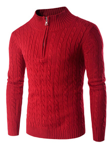 Pullover rouge pull col montant manches longues Slim Fit coton pull