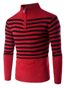 Rayé col haut manches longues Slim Fit coton pull Pullover rouge Pull homme