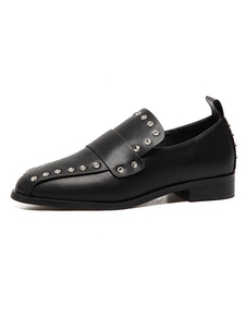 Carré noir mocassins chaussures Rivet Toe PU cuir Slip On mocassins pour femmes