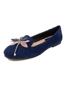 Mocassins bleu chaussures daim Round Toe papillon perlé Slip sur chaussures plates pour femmes