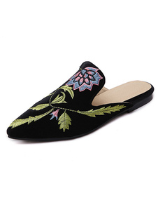 Mocassins plats noirs a souligné Toe brodé Backless Mules pour femmes
