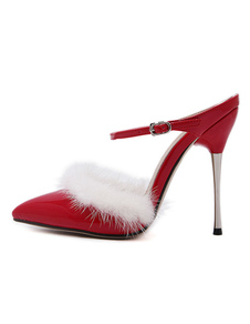 Talons hauts rouges a souligné Toe PU fourrure détail talon aiguille Slingback pompes